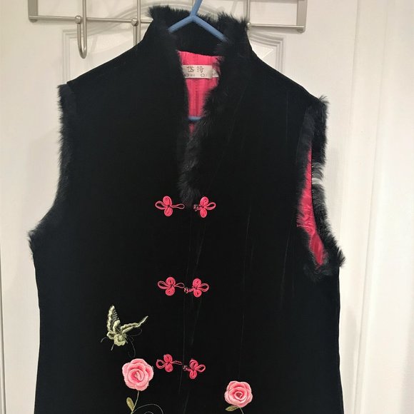 Brand NEW Chinese Style Faux Fur Trim Embroidery Soft Long Vest Size 2X - Picture 2 of 6